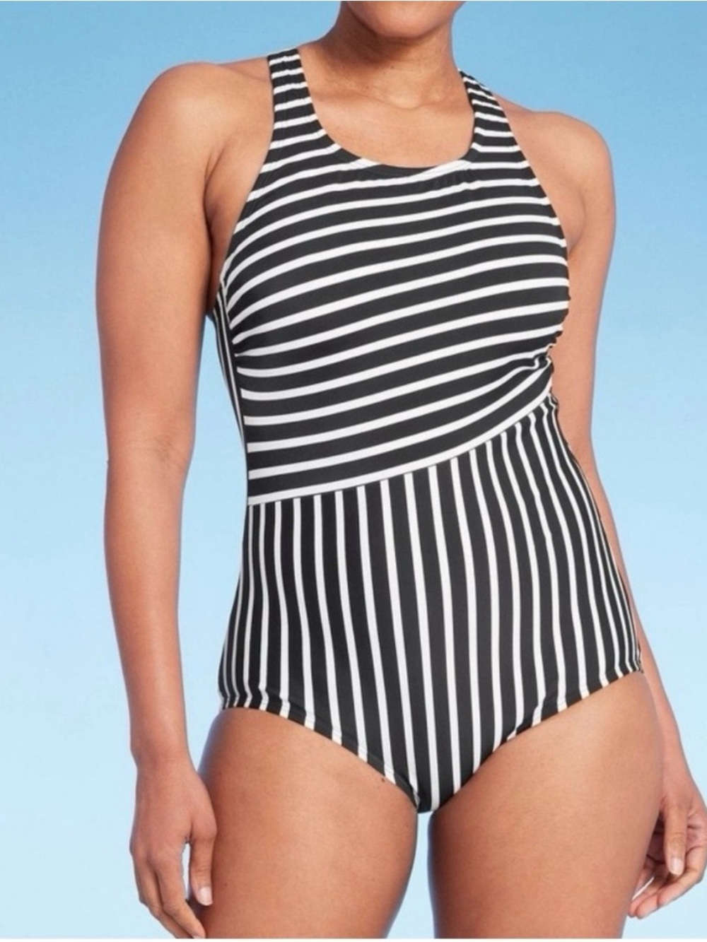Lands' End-Women's Flattering Full Coverage Striped High Neck One Piece. Size: L